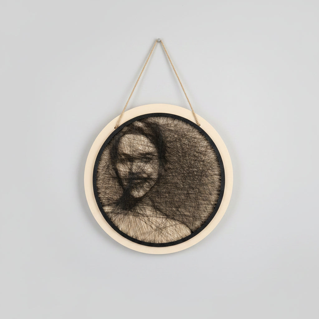 A circular wall hanging artwork made from black thread wrapped around a light wood hoop, shown hanging on a white wall with decorative bare branches and small warm lights at left.